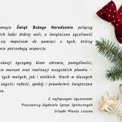 Kartka z życzeniami świątecznymi od Urzędu Miasta Leszna. Piękne życzenia urodzinowe i świąteczne, ozdobione gałązką choinki i czerwoną kokardą.