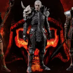 Trzy ikoniczne diablo 2 postacie: Amazonka, Nekromanta i Paladyn, stoją na tle płonącego symbolu.