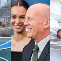 Emma Heming z dziećmi: córka na placu zabaw, ona i Bruce Willis, oraz Bruce z niemowlęciem.