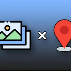 Stack of photos next to a location pin, symbolizing geotagging or adding location data to images.