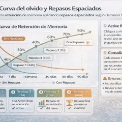 Gráfico de la curva del olvido y repasos espaciados, clave para oposiciones. Muestra cómo la retención de memoria mejora con repasos.