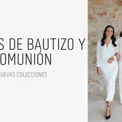 Tres mujeres lucen elegantes trajes blancos, perfectos como outfit para comunión.