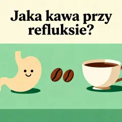 Uśmiechnięty żołądek, ziarna kawy i filiżanka. Czy można pić kawę przy refluksie? Dowiedz się, jaka kawa jest najlepsza.