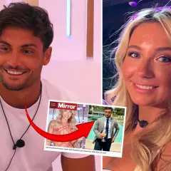 Davide från Love Island med en tidning som visar Nicci, en svensk Love Island-stjärna.