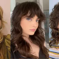 Tres mujeres lucen un corte shaggy con capas y flequillo, mostrando diferentes tonalidades de cabello y estilos.