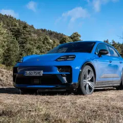 Niebieski Macan GTS na tle leśnego krajobrazu.