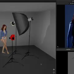 A woman poses in a studio with soft key lighting. A red camera is positioned nearby. The final image shows her in a blue jacket.