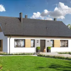 Nowoczesny dom jednorodzinny, projekt domu Tracja 2, z dużym ogrodem i psem przed wejściem.