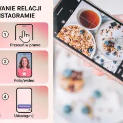 Instrukcja dodawania relacji na Instagramie: przesuń w prawo, wybierz foto/wideo, dodaj dodatki i udostępnij. Twoja relacja będzie gotowa!