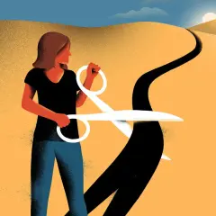 Eine Frau zerschneidet mit einer Schere den Weg in die Vergangenheit, um neues Gelingen zu ermöglichen.