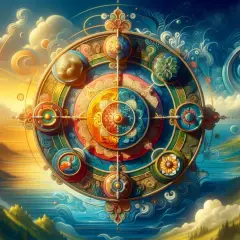 Kolorowa mandala na tle krajobrazu z górami, wodą i niebem.