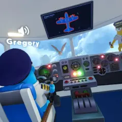 Wesoła, stara gra samoloty. Gregory pilotuje, a żółty pilot obserwuje ptaki za oknem.