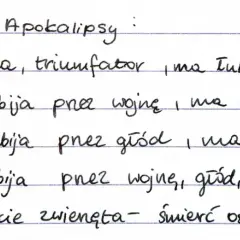 Jeźdźcy Apokalipsy: Biały (zwycięzca), Czerwony (wojna), Czarny (głód), Siny (wojna, głód, zaraza) - streszczenie.