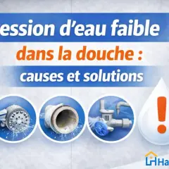Pression d'eau faible dans la douche : causes et solutions. Images de pommeau entartré, tuyau abîmé et vanne qui fuit, illustrant un problème de pression d'eau.