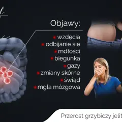 Przerost grzybiczy jelita cienkiego objawy: wzdęcia, mdłości, biegunka, gazy, zmiany skórne, mgła mózgowa.