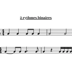 Deux portées musicales illustrent des exemples de **rythme binaire**, avec des notes noires et des croches.