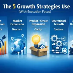 Visualizing the 5 corporate growth strategies: Market Penetration, Market Expansion, Product/Service Expansion, Operational Growth, and Leadership-Driven Growth.