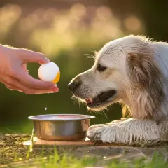 Złocisty retriever z zaciekawieniem patrzy na rękę trzymającą jajko. Czy pies może jeść surowe żółtko?