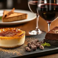 Un délice sucré : crème brûlée, gâteau au chocolat et deux verres de vin rouge. Quel vin rouge avec dessert ? L'accord parfait pour un moment gourmand.