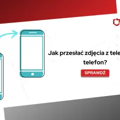 Ilustracja pokazuje, jak przesłać zdjęcia z telefonu na telefon. Strzałka symbolizuje transfer danych.