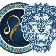 Znak zodiaku sierpień: złoty symbol Lwa na tle nocnego nieba i stylizowana głowa lwa.