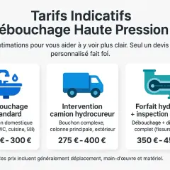 Tarifs indicatifs pour le débouchage de canalisations bouchées : standard (200-300€), camion hydrocureur (275-400€), hydrocurage + caméra (350-450€).