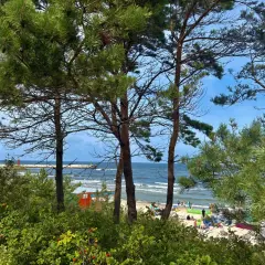 Widok na plażę w Mrzeżynie, z ludźmi odpoczywającymi na piasku i morzem w tle. To jedne z wielu mrzeżyno atrakcje.