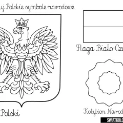 Ilustracja z godłem Polski, flagą biało-czerwoną i kotylionem narodowym do kolorowania.