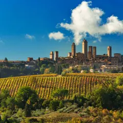 San Gimignano, con le sue torri medievali, domina un paesaggio collinare autunnale, con vigneti che promettono la vernaccia di San Gimignano DOCG.