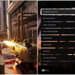 Configuration de Dead Island 2 : le joueur ajuste les paramètres graphiques en pleine action contre des zombies.