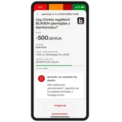 Ekran telefonu z potwierdzeniem wypłaty 500 zł BLIKIEM z bankomatu mBank.
