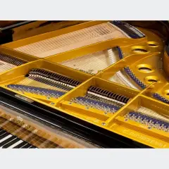 Wnętrze złotego klawesynu instrumentu z widocznymi strunami i mechanizmem.