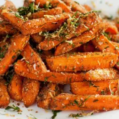 Chrupiące frytki z marchewki, posypane ziołami i parmezanem, wyglądają apetycznie.