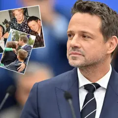 Rafał Trzaskowski w garniturze, obok zdjęcia z rodziną: rodzicami i dziećmi.