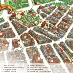 Ilustrowana mapa Torunia z zaznaczonymi atrakcjami, w tym Ratuszem Staromiejskim i Pomnikiem Kopernika.