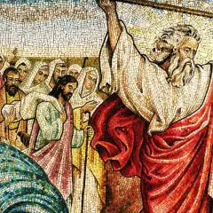 Mojżesz rozdziela Morze Czerwone, scena z **co to jest stary testament**. Ludzie przechodzą przez suchą drogę.
