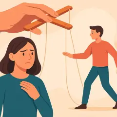 Dłoń steruje ludzikami jak marionetkami, ilustrując techniki wywierania wpływu i manipulacji.