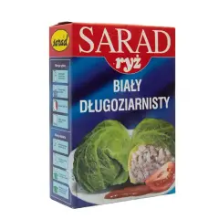 Ryż Sarad biały długoziarnisty – idealny ryż do gołąbków. Opakowanie z instrukcją przygotowania.