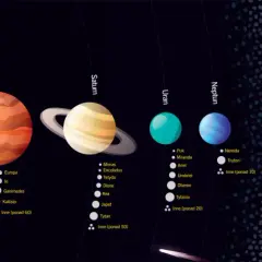 Układ Słoneczny z planetami i ich księżyce. Od Merkurego po Neptuna, a dalej Pas Kuipera i Obłok Oorta.