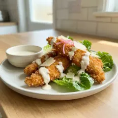 Krispiga bitar av panerad kyckling från airfryer serveras på salladsbädd med krämig dressing och parmesan. Enkelt och gott!