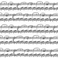 Un complesso spartito musicale per pianoforte, con note e pentagrammi che si susseguono in un flusso continuo di melodia.