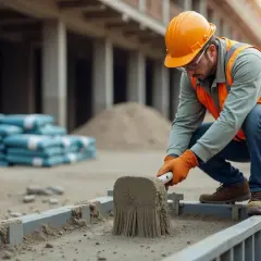 Budowlaniec w pomarańczowym kasku i kamizelce pracuje z betonem na budowie.