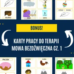 Karty pracy do terapii mowa bezdźwięczna: budy, biurko, piórko, tata, pączek, domek, kura, sad.