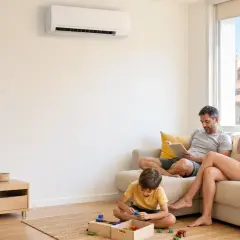 Familia relajada en un salón con un cool aire acondicionado. El padre lee, la madre bebe agua y el hijo juega.