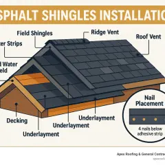 Diagram illustrating asphalt shingles installation, showing starter strips, field shingles, ice and water shield, decking, underlayment, ridge vent, and roof vent.