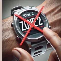 Montre connectée affichant "ZONE 2" barré de rouge. Fin de l'entraînement en zone 2.