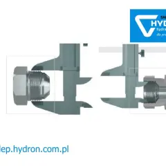 Suwmiarka mierzy średnicę złączki hydraulicznej. Czy to 3/4 cala? Logo Hydron.
