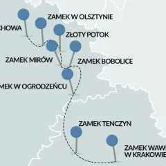 Mapa z zaznaczonymi zamkami na Szlaku Orlich Gniazd. Idealna trasa na wycieczkę rowerem przez Jurę Krakowsko-Częstochowską.