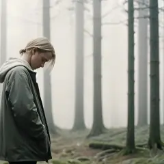 En person med blicken sänkt i en dimmig skog, en bild som kan symbolisera utmattning symtom.