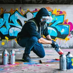 Person in Schutzkleidung kniet vor bunter Graffiti-Wand und hält Sprühdose.